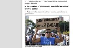 Hombre sostiene un cartel: "Sin industria no hay trabajo". Imagen de la nota "Con Macri en la presidencia, un millón 500 mil de nuevos pobres". Medio: Jornada