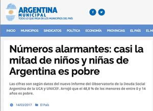 Captura del sitio Argentina Municipal con la nota "Números alarmantes: casi la mitad de niños y niñas de Argentina es pobre".